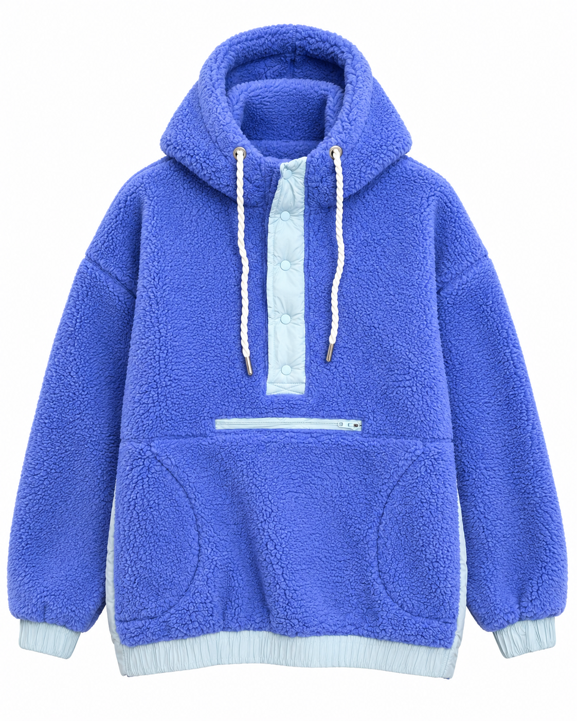 Front view of the blue sherpa pullover hoodie showing light blue snap placket, white drawstrings, zippered pocket, hand pockets, cuffs, and hem
