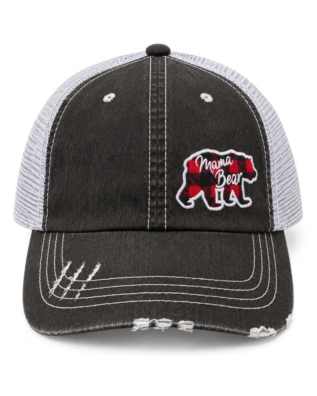 Mama Bear Trucker Hat front view with distressed black structured front, white mesh back, and red and black buffalo plaid bear patch with white Mama Bear script lettering on white background
