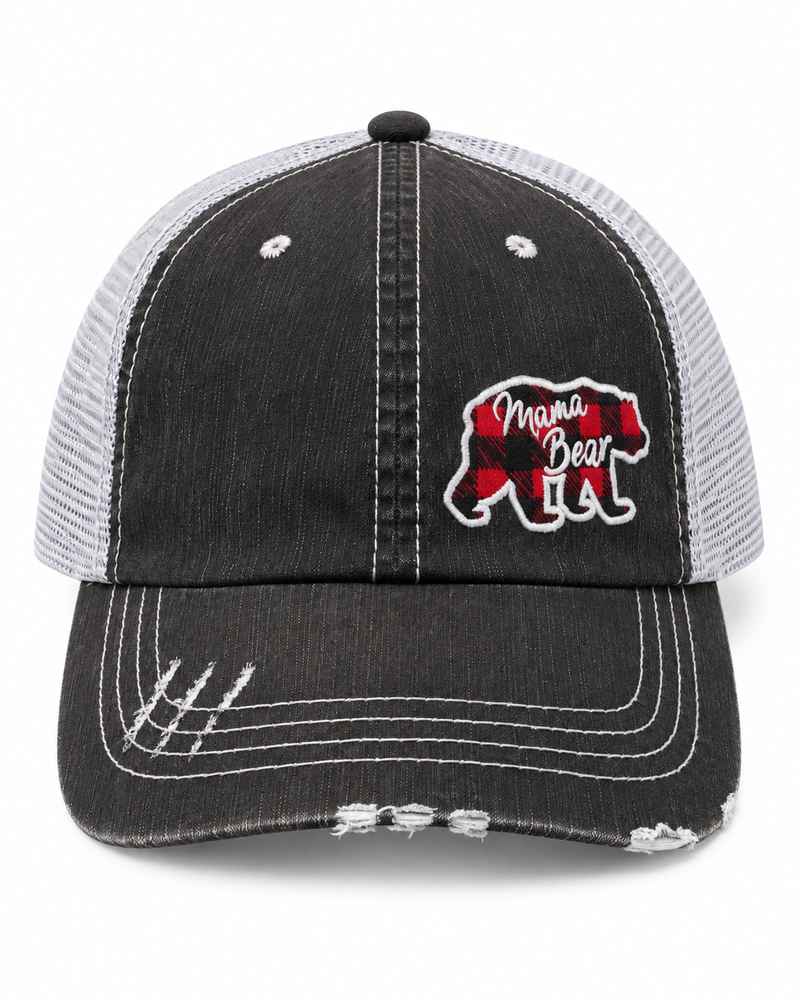 Mama Bear Trucker Hat front view with distressed black structured front, white mesh back, and red and black buffalo plaid bear patch with white Mama Bear script lettering on white background

