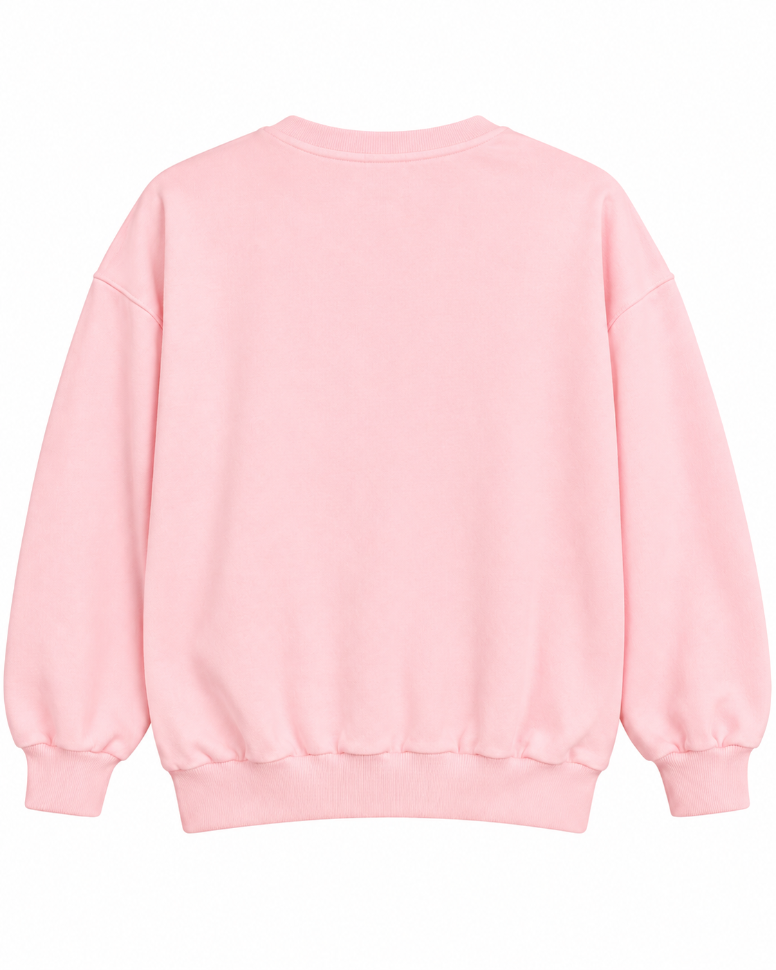 Plain back of the light pink crewneck sweatshirt showing long sleeves and ribbed cuffs and hem

