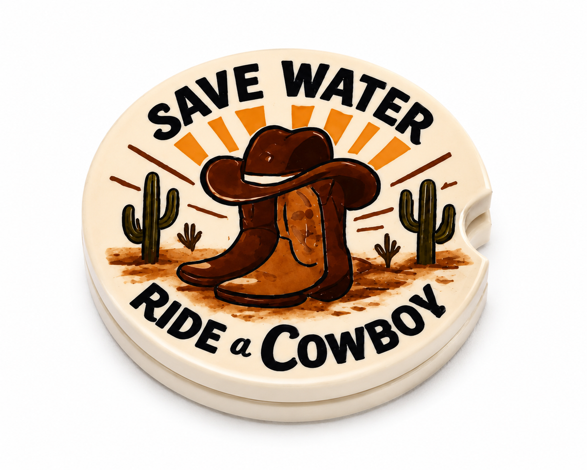 Save Water Ride a Cowboy ceramic car coasters stacked showing thickness and finger notch cutout, cowboy boots and cactus design, set of 2
