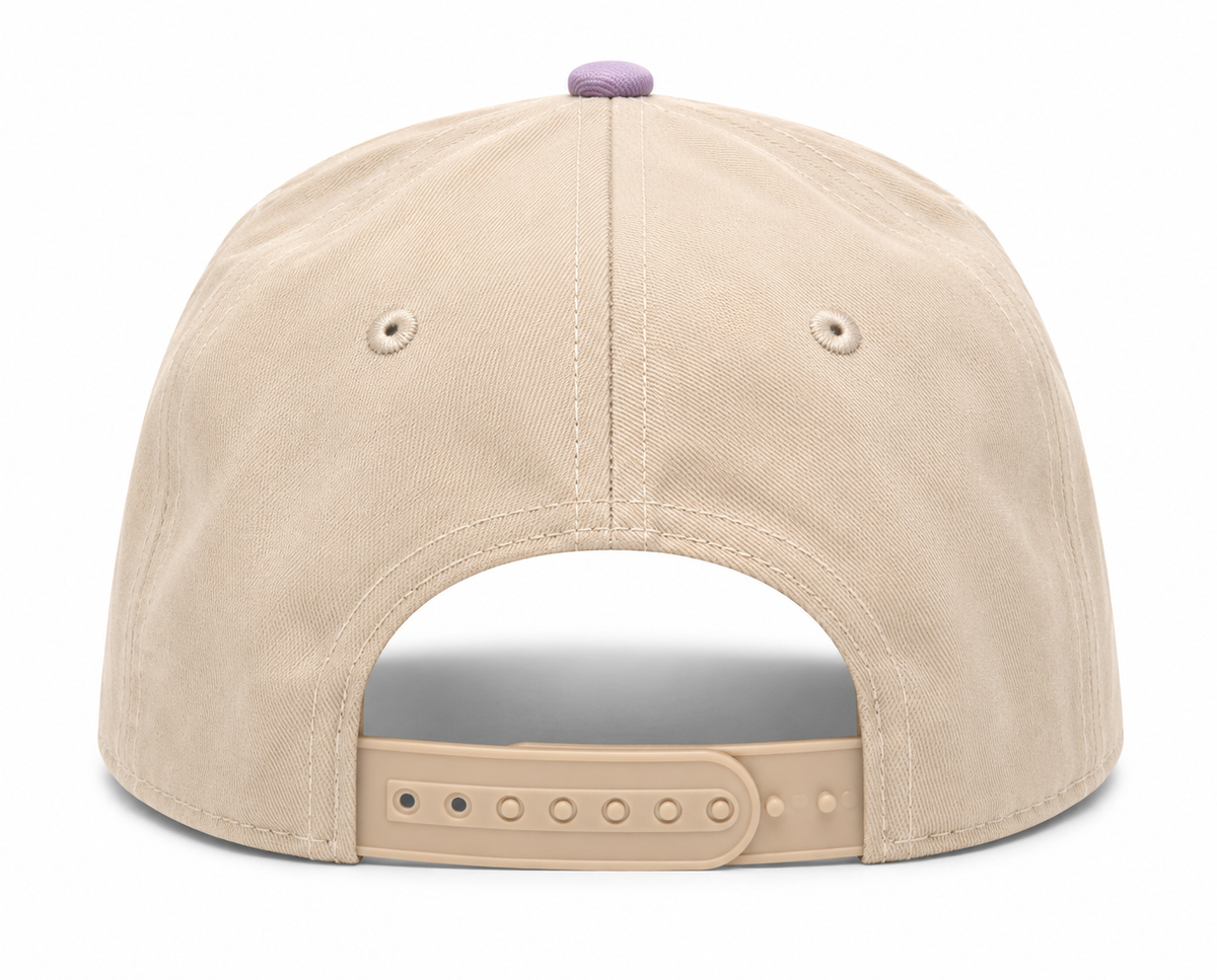 Back view of Mother Baseball Cap showing khaki solid back panels and adjustable snapback closure with lavender button, on a white background.

