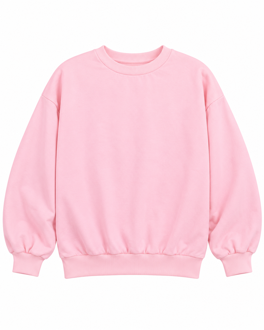 Front view of the plain pink crewneck sweatshirt with long sleeves and ribbed cuffs and hem

