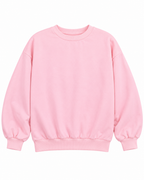Front view of the plain pink crewneck sweatshirt with long sleeves and ribbed cuffs and hem

