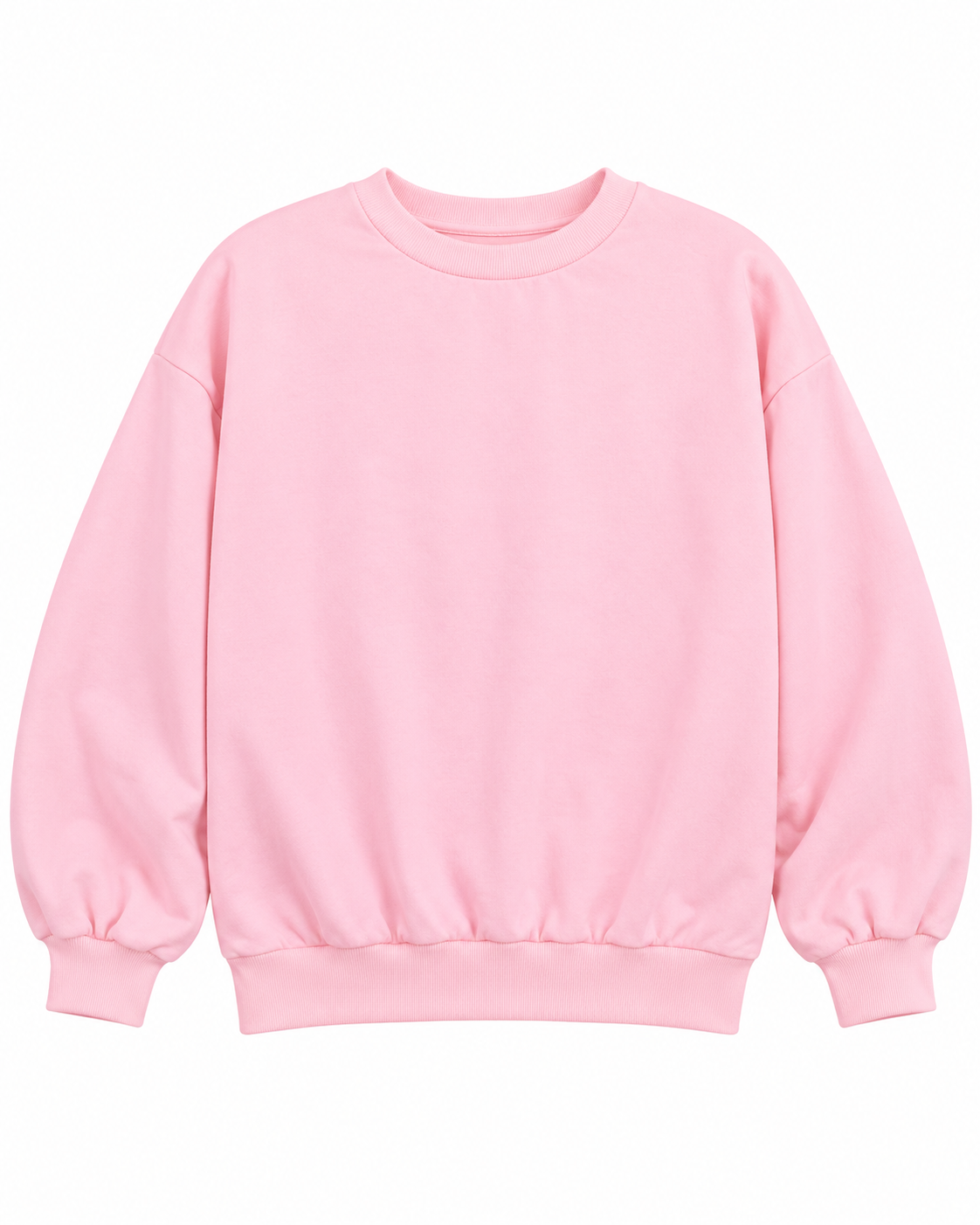 Front view of the plain pink crewneck sweatshirt with long sleeves and ribbed cuffs and hem
