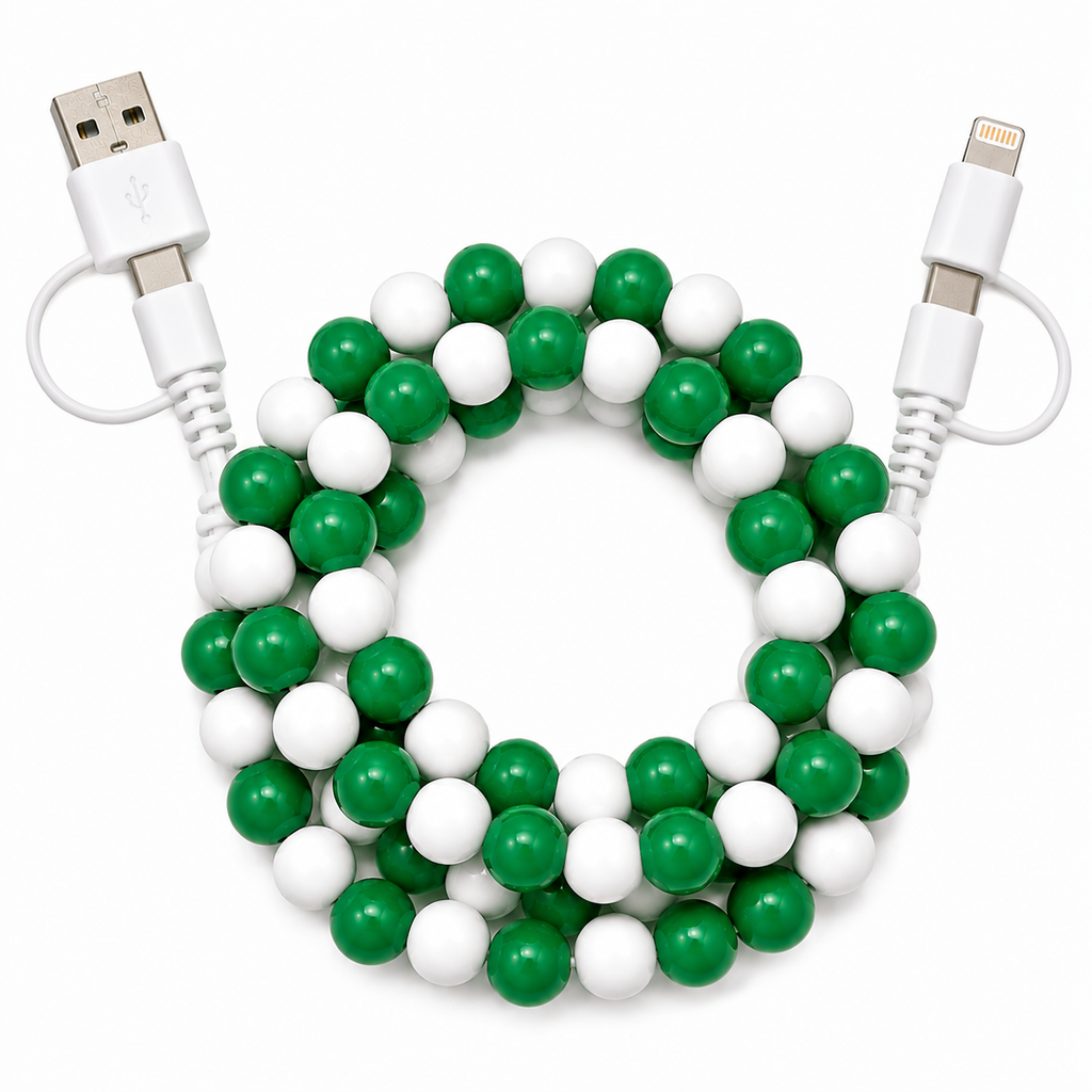Green and white beaded multi charging cable with USB and phone charging connectors
