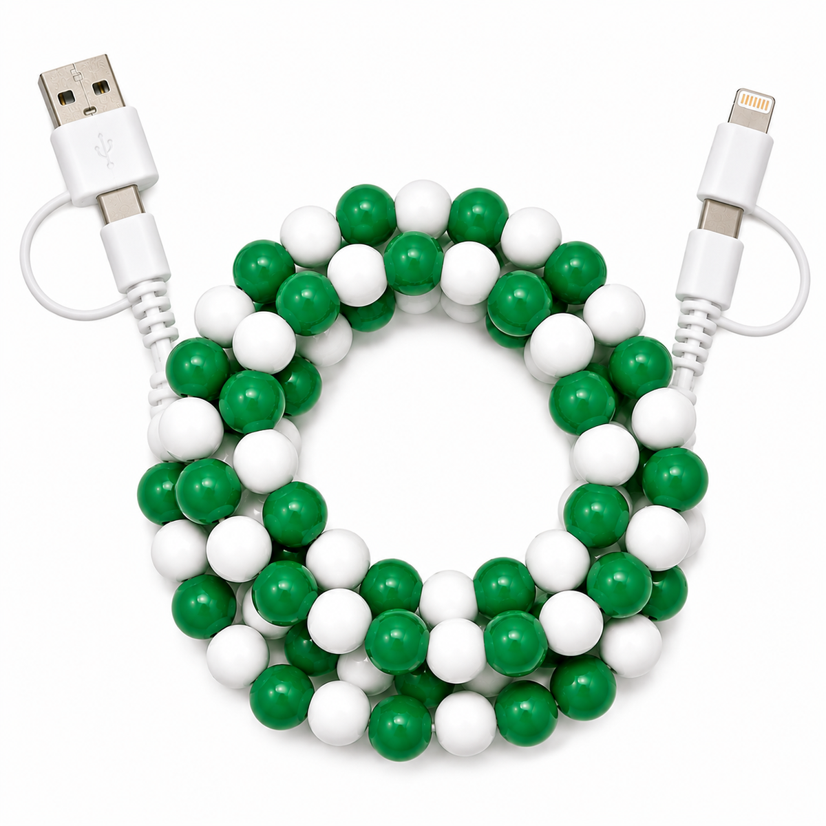 Green and white beaded multi charging cable with USB and phone charging connectors
