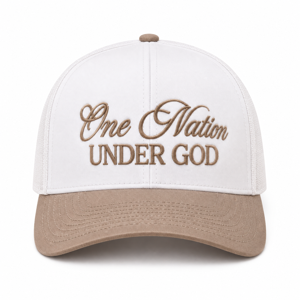 One Nation Under God Baseball Cap in Ash Mocha front view showing white structured cotton crown with mocha tan embroidered script reading One Nation Under God in cursive and block lettering, tan mocha bill, and mocha top button on white background
