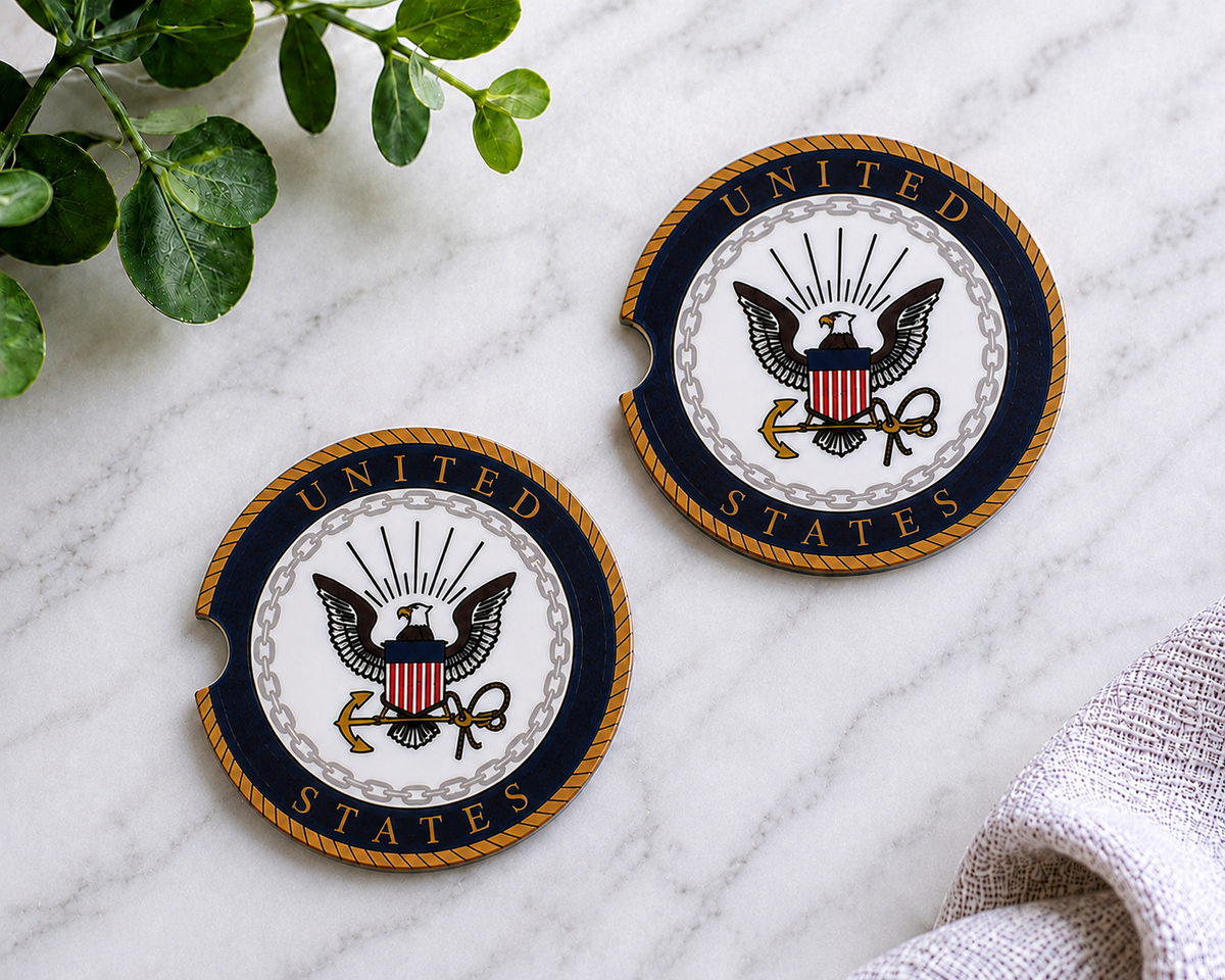 United States Navy Car Coaster Set — set of 2 ceramic car coasters with official U.S. Navy eagle, anchor, and chain seal on navy blue and gold, on marble background
