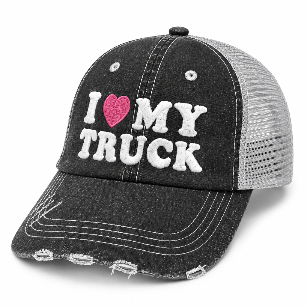 Side view of I Love My Truck trucker hat with black distressed front, gray mesh back, white embroidery and pink heart.