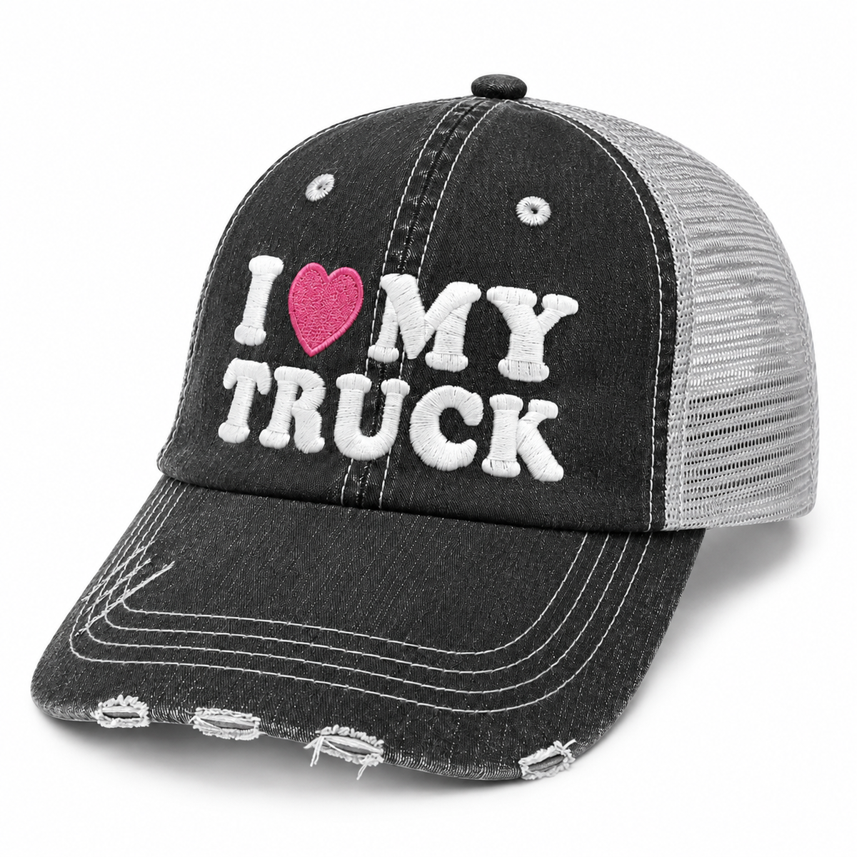 Side view of I Love My Truck trucker hat with black distressed front, gray mesh back, white embroidery and pink heart.