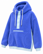 Angled view of the blue sherpa hoodie showing the snap neckline, front pockets, light blue side panel, and side-hem zipper
