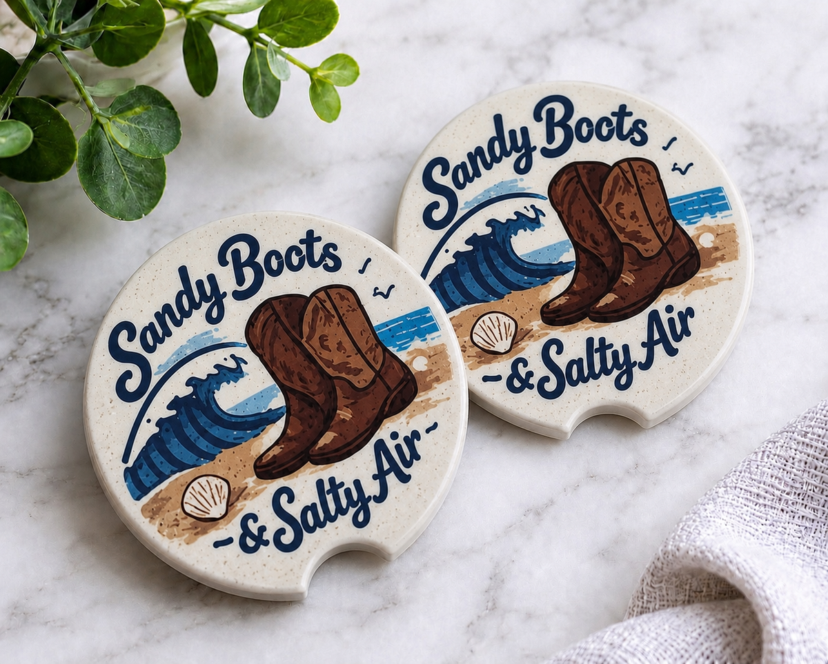 Sandy Boots & Salty Air Car Coaster Set — ceramic coasters with coastal cowgirl design, set of 2
