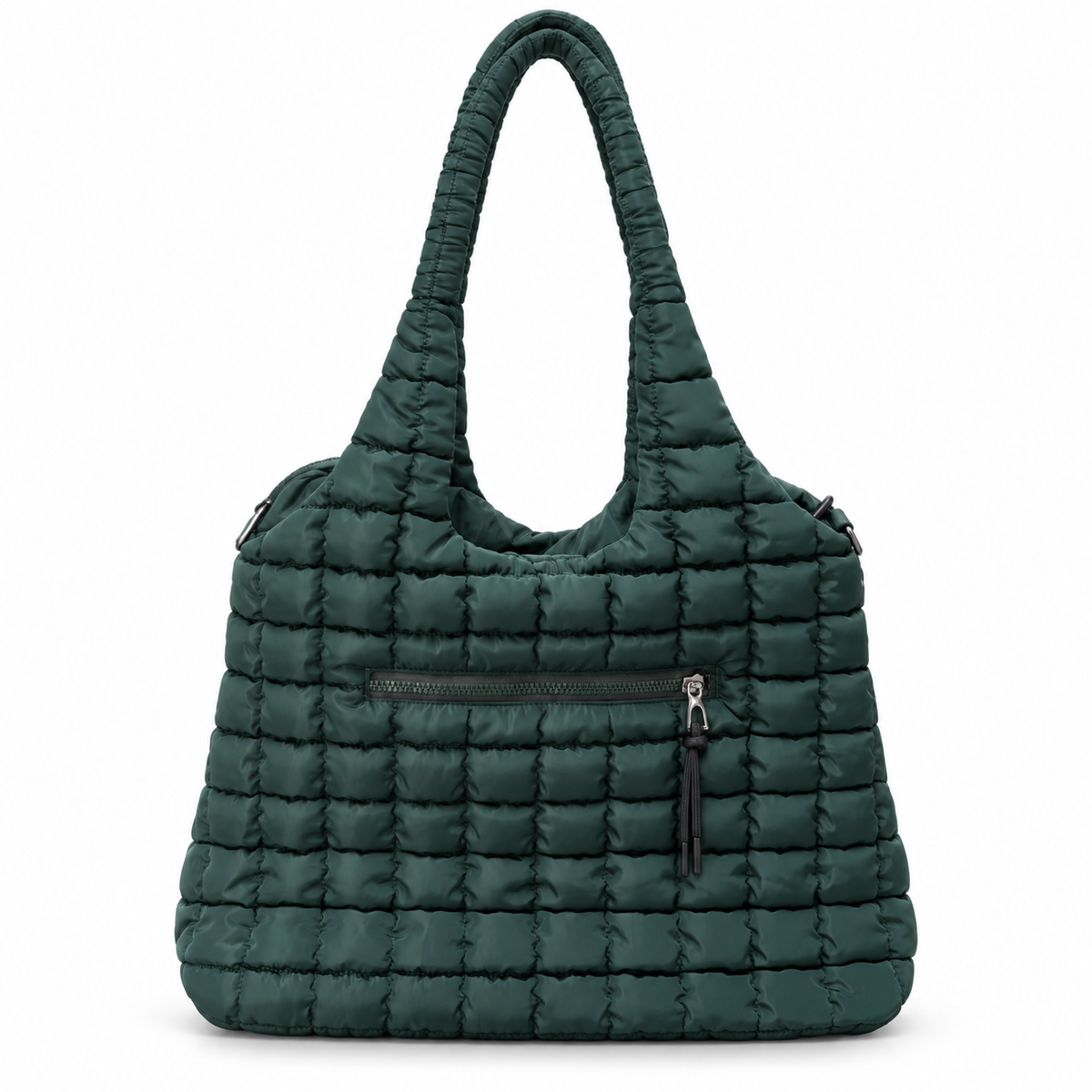 Forest Green Quilted Tote Bag front view showing forest green puffer nylon fabric with grid square quilted pattern, single looped quilted shoulder strap, open top, and exterior zippered front pocket with black tassel zipper pull on white background
