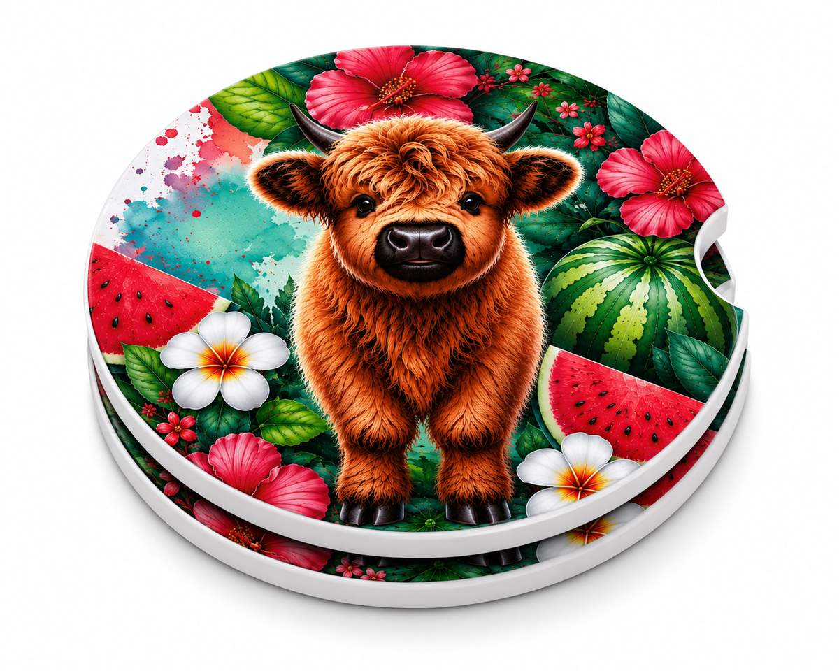 Highland Cow Watermelon ceramic car coasters stacked showing thickness and finger notch cutout, set of 2
