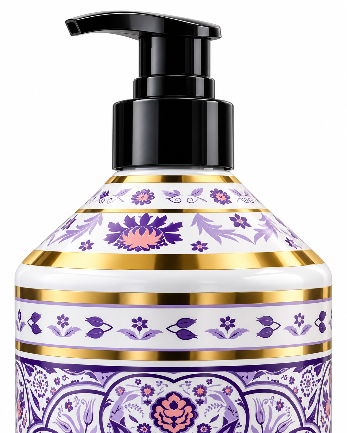 Close-up of the black pump dispenser and purple floral bottle shoulder with gold accents on Florence Orchid body wash
