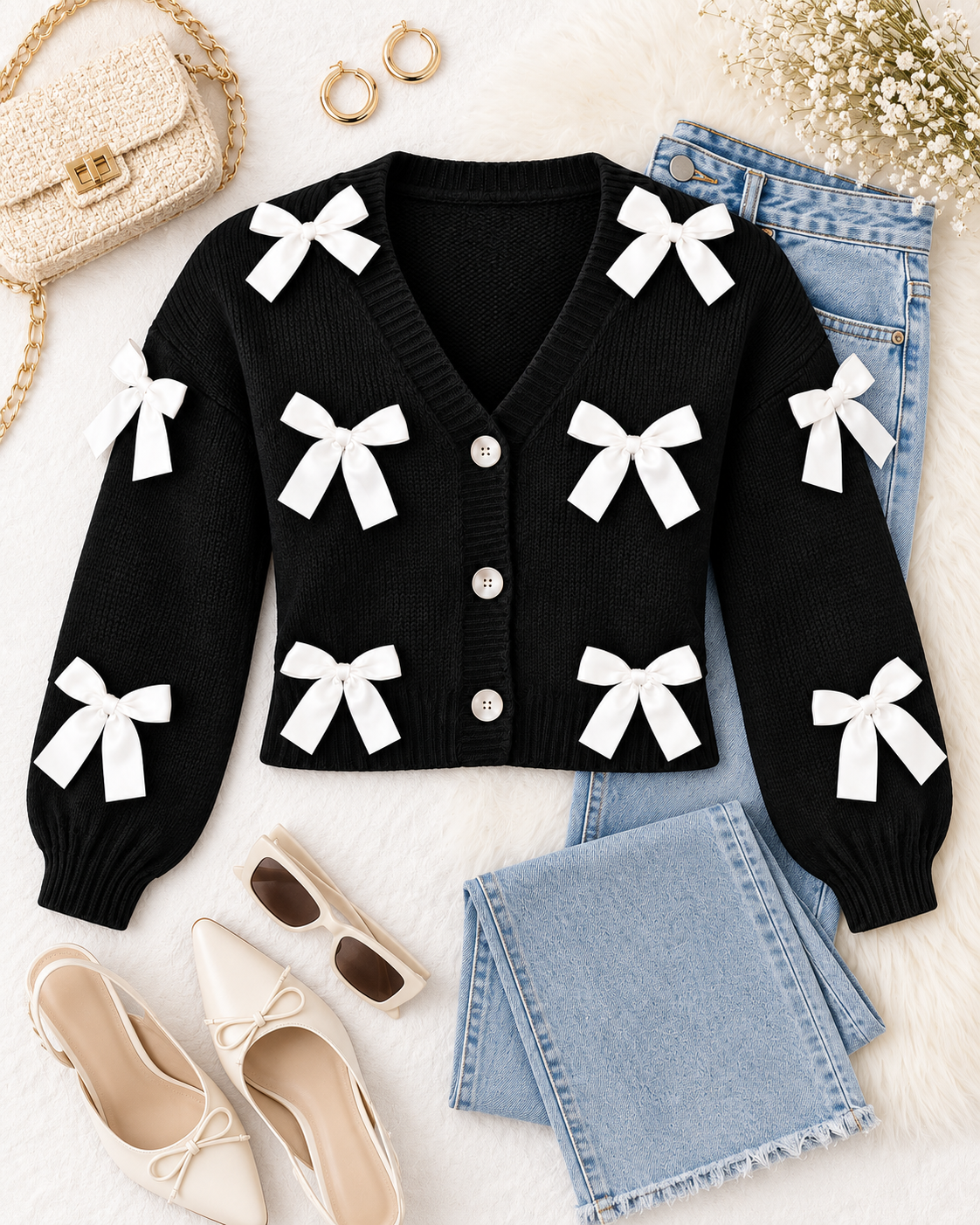 Black Satin Bow Knit Cardigan styled in flat lay on white textured surface with blue jeans, cream bow ballet flats, cream woven chain-strap crossbody bag, gold hoop earrings, brown square sunglasses, and baby's breath florals

