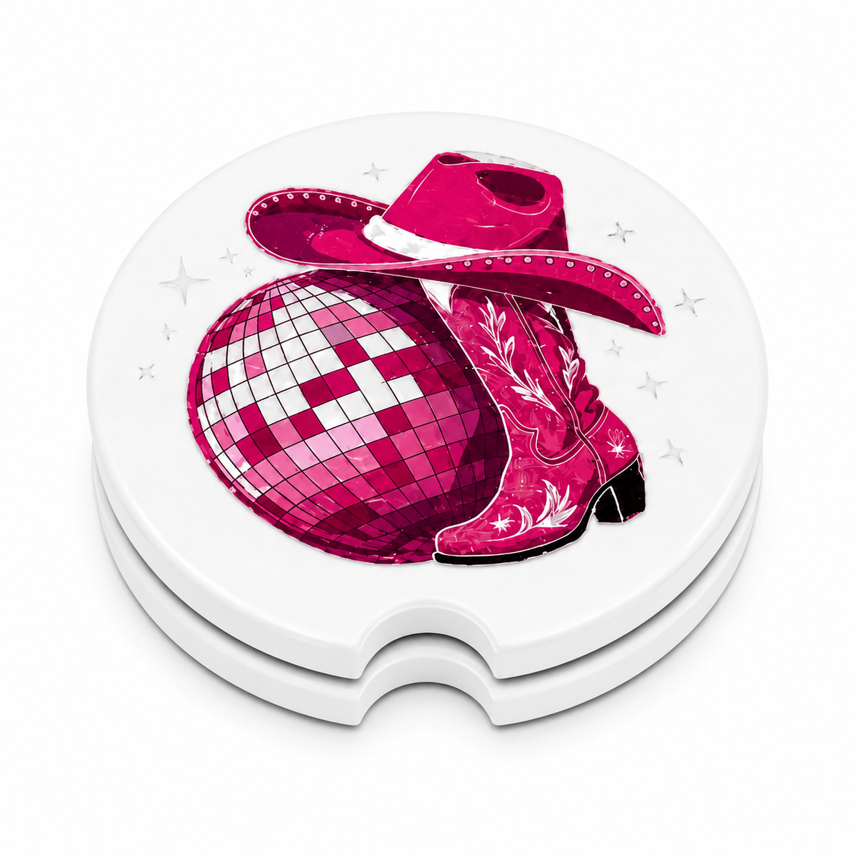 Disco Cowgirl ceramic car coasters stacked showing thickness and finger notch cutout — pink disco ball, cowboy hat, and cowgirl boots with sparkle accents on white background
