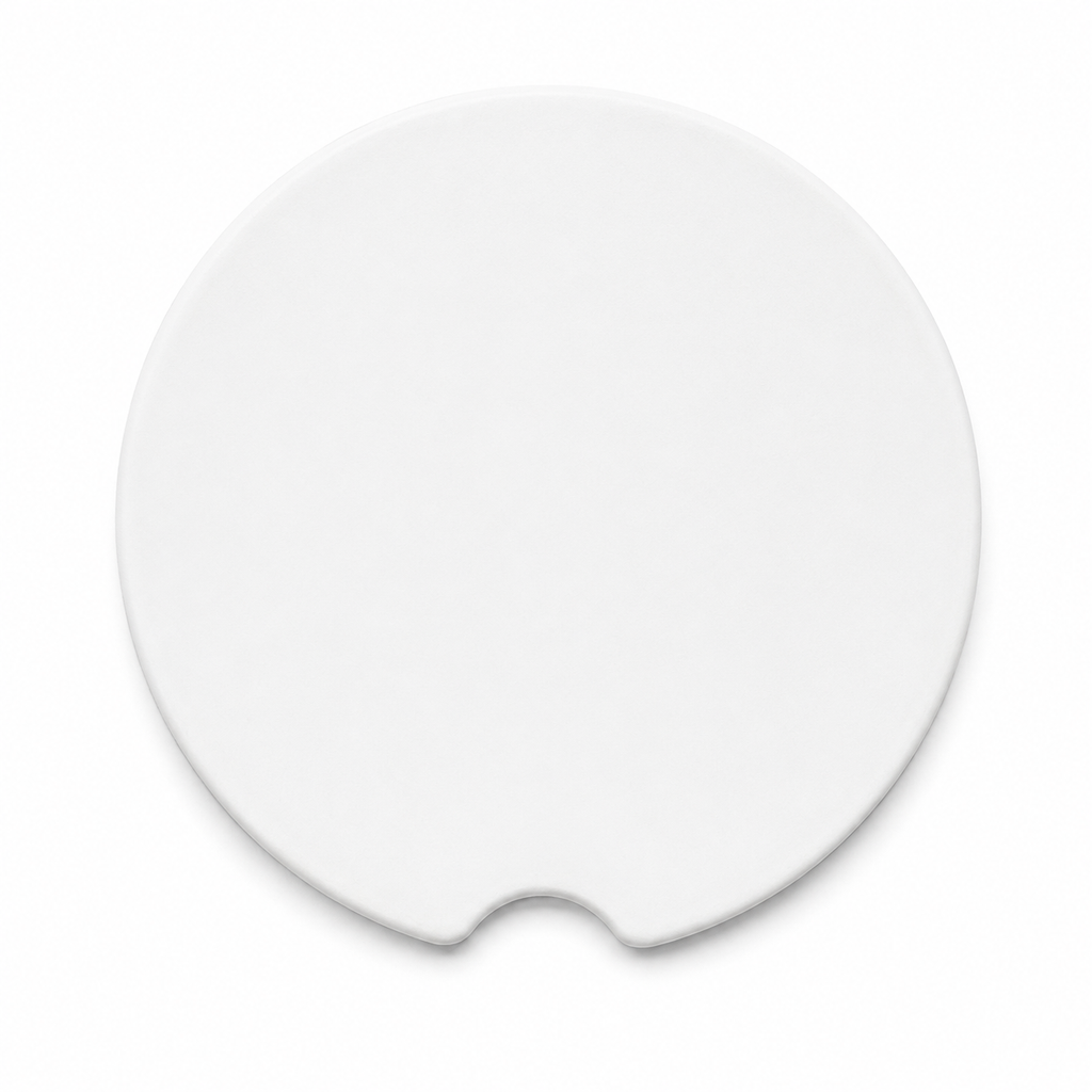 Single blank round ceramic car coaster with white finished edges and finger notch cutout, shown from the front on a white background.
