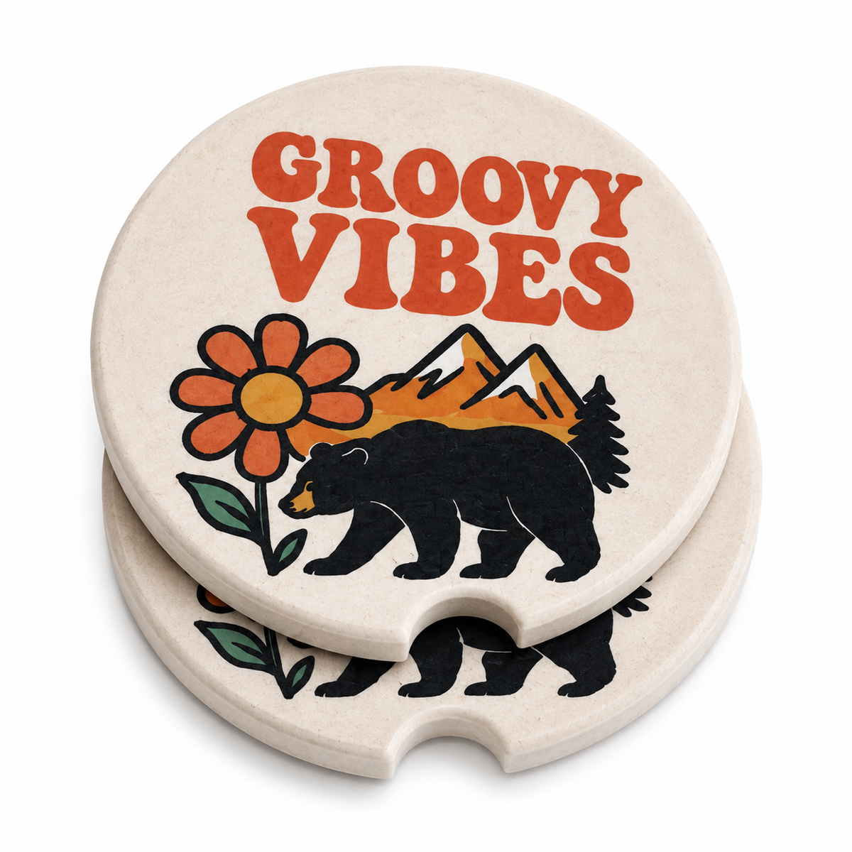 Both Groovy Vibes car coasters showing front design and cork backing
