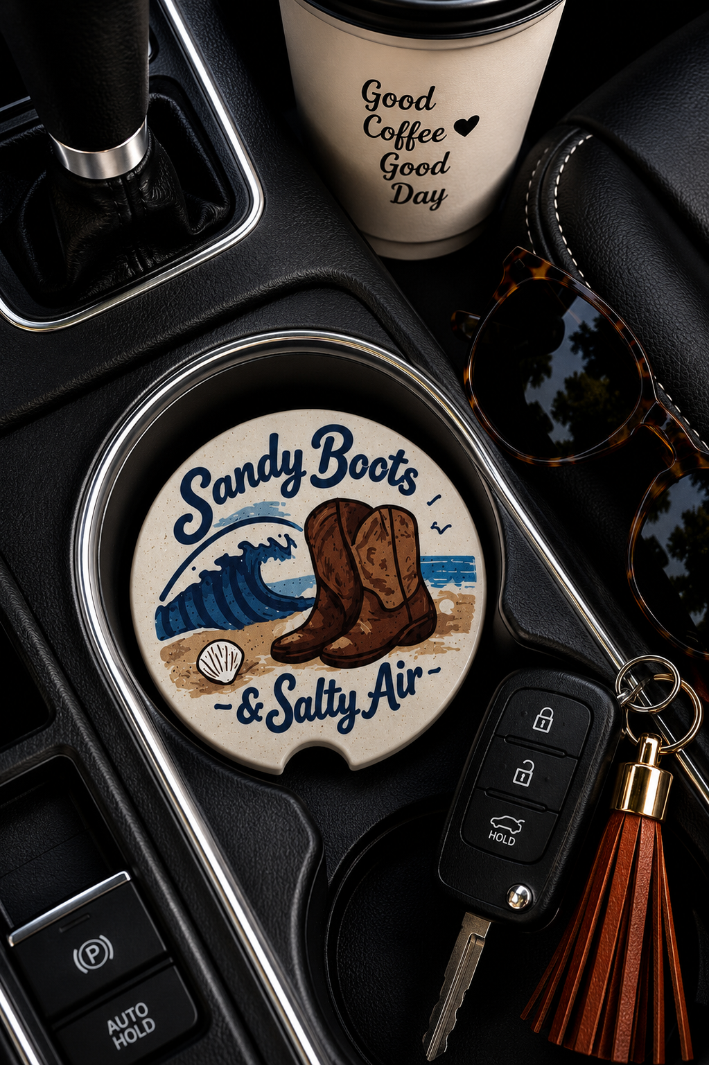 Sandy Boots & Salty Air ceramic car coaster in vehicle cup holder
