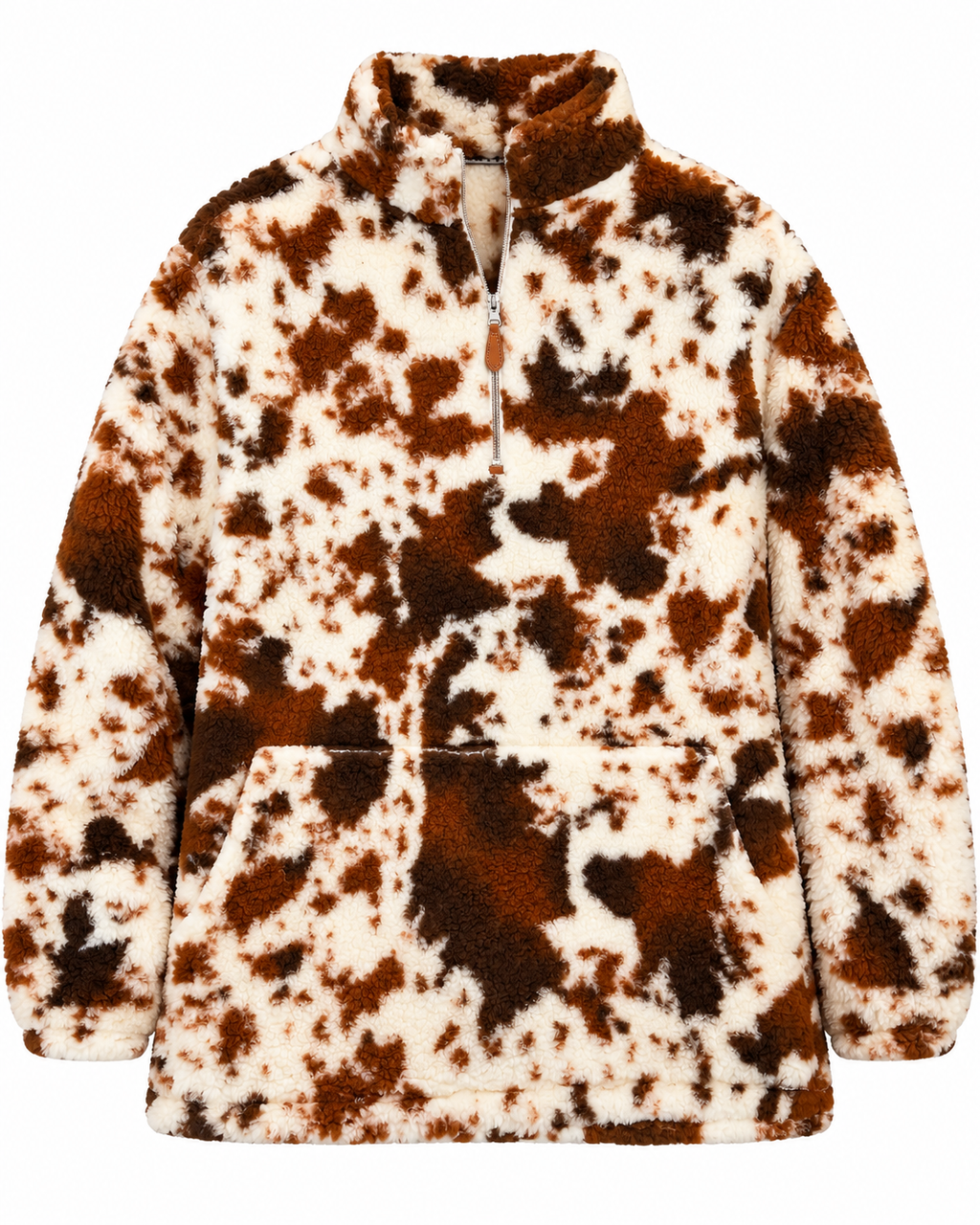 Front view of the brown and ivory cow print sherpa pullover showing its stand collar, quarter zipper, and kangaroo-style pocket
