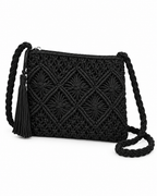 Black Woven Bohemian Tassel Crochet Shoulder Bag three-quarter angle view showing macrame cord diamond lattice pattern, slight structured depth, full silver top zipper run, braided black cord shoulder strap with black suede tassel hanging from strap attachment knot on white background
