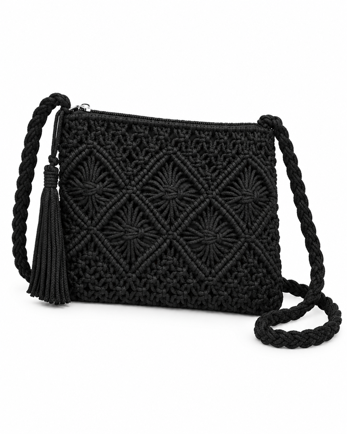 Black Woven Bohemian Tassel Crochet Shoulder Bag three-quarter angle view showing macrame cord diamond lattice pattern, slight structured depth, full silver top zipper run, braided black cord shoulder strap with black suede tassel hanging from strap attachment knot on white background
