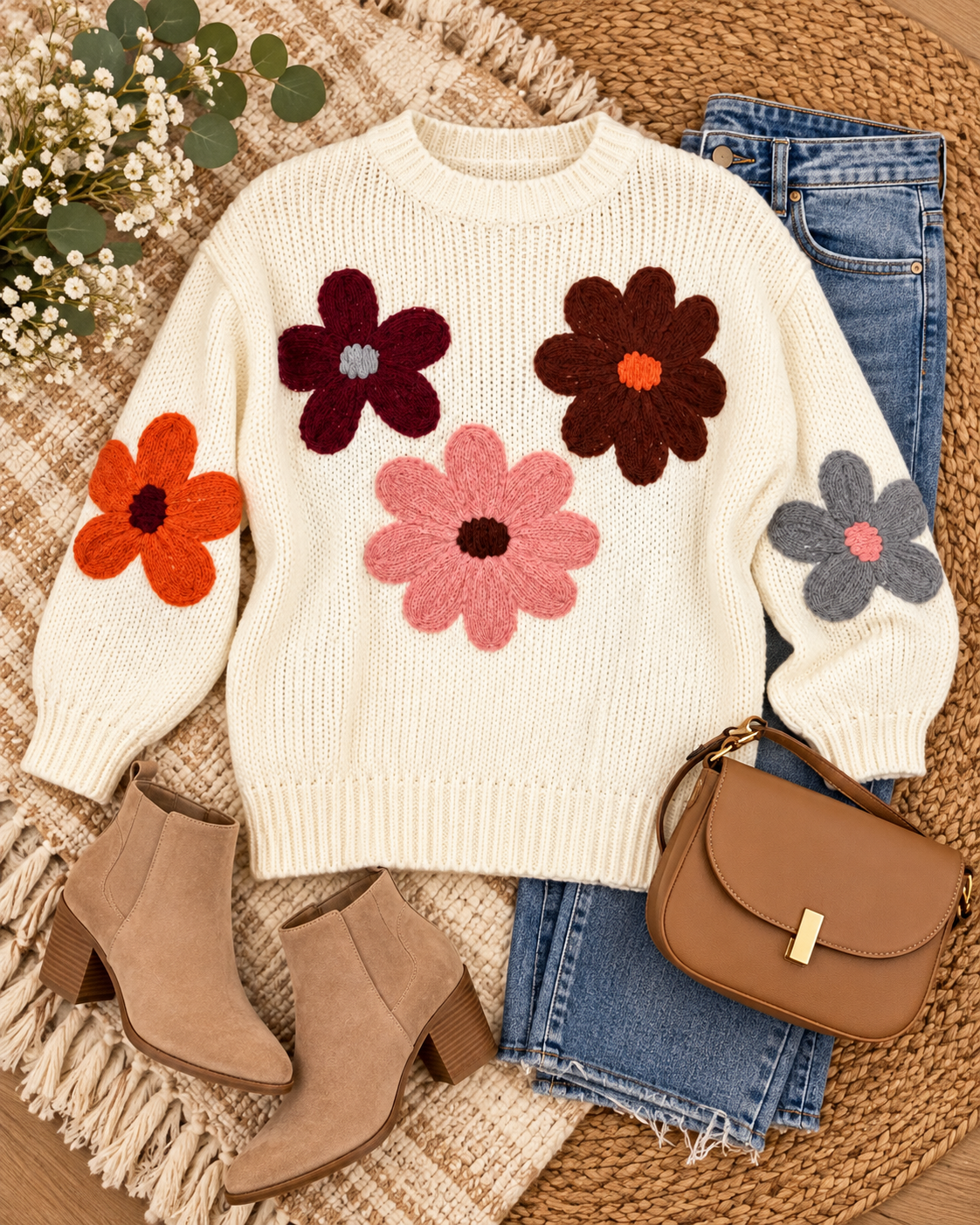 Cream Floral Knit Stitched Sweater styled in flat lay on woven jute rug with blue jeans, tan suede block-heel ankle booties, tan structured saddle bag with gold clasp, and eucalyptus and baby's breath florals

