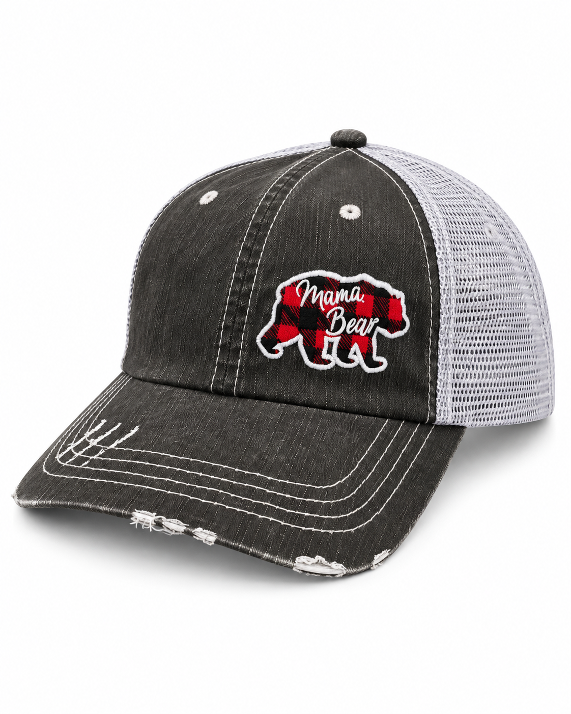 Mama Bear Trucker Hat three-quarter angle view showing distressed black front, white mesh back, and red and black buffalo plaid bear patch with white Mama Bear script lettering on white background

