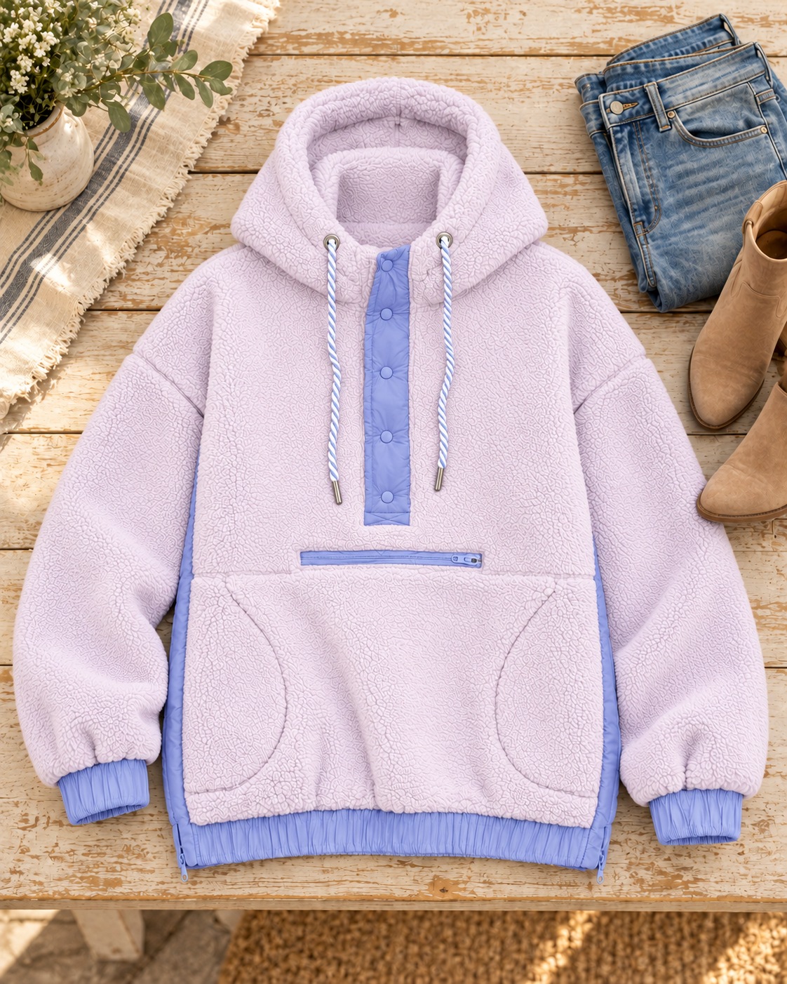 Light purple two-toned sherpa hoodie laid flat on a wooden table beside jeans and tan ankle boots, showing periwinkle blue trim and front pockets
