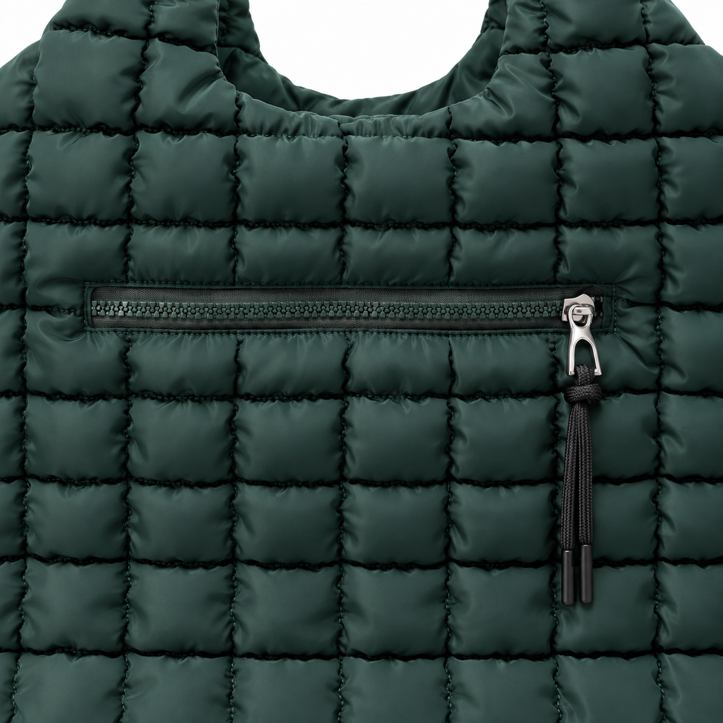 Close-up of Forest Green Quilted Tote Bag showing forest green puffer nylon grid-quilted texture, exterior front zippered pocket with silver zipper hardware and black braided tassel zipper pull
