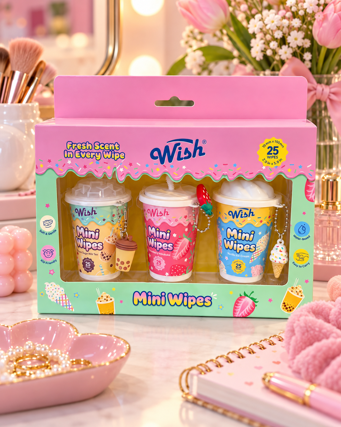 Wish Mini Wipes three-pack in a pink-and-mint gift box, displayed on a vanity with flowers, makeup brushes, and pink accessories
