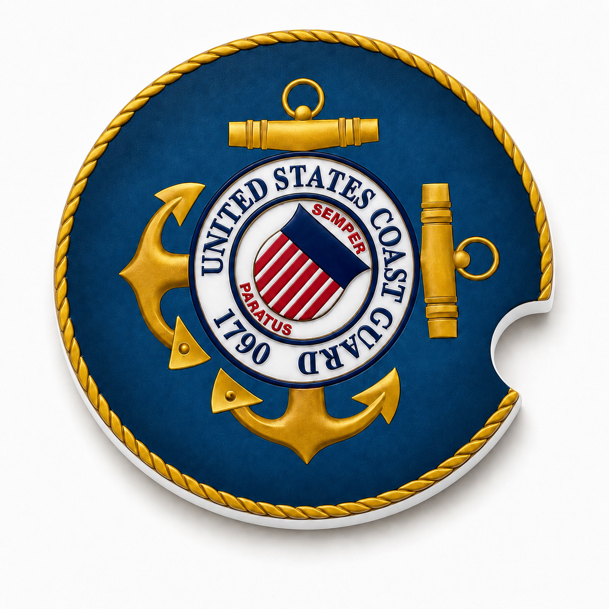 Close-up of United States Coast Guard ceramic car coaster with official USCG seal, gold anchors, and Semper Paratus motto on navy blue background