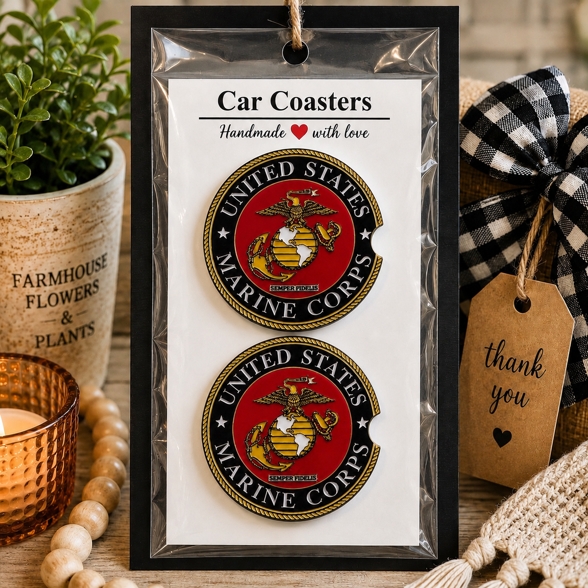 United States Marine Corps Car Coaster Set in handmade packaging — gift-ready ceramic coasters with USMC Eagle Globe and Anchor seal, Semper Fidelis, red and black, set of 2
