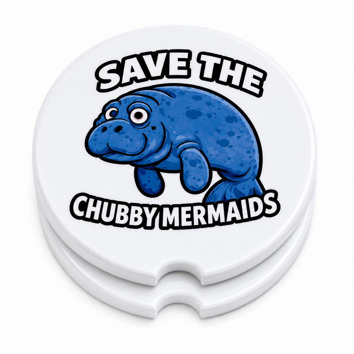 Both Save the Chubby Mermaids white car coasters showing front design and cork backing
