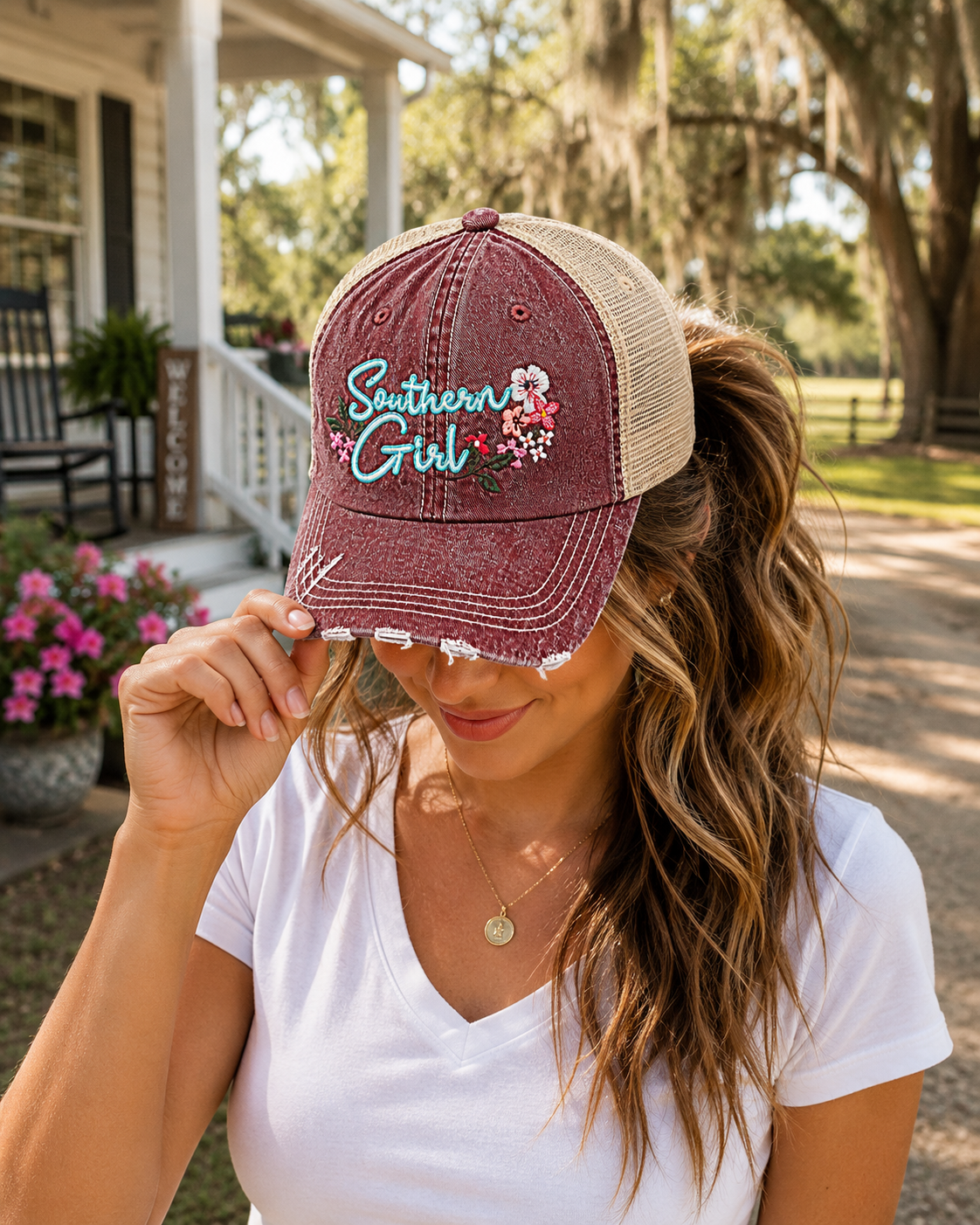 A woman outdoors wearing a distressed trucker-style baseball cap with a maroon washed front panel, beige mesh back, and embroidered 'Southern Girl' text with flowers on the front. She is wearing a white V-neck t-shirt, with a house and trees in the background.