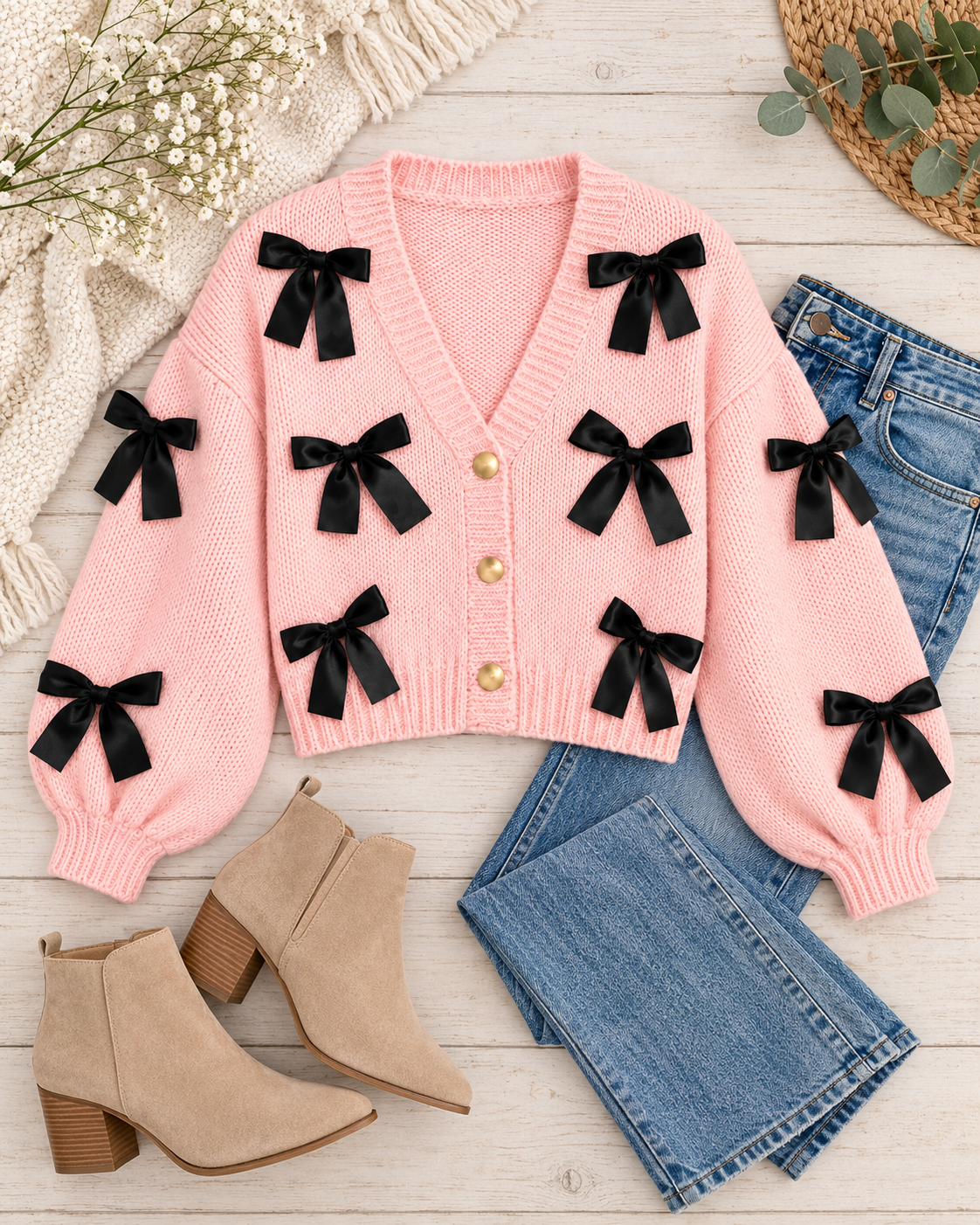 Pink cropped knit cardigan with black bows laid flat beside blue jeans and tan ankle boots, showing the V-neckline and gold-tone buttons
