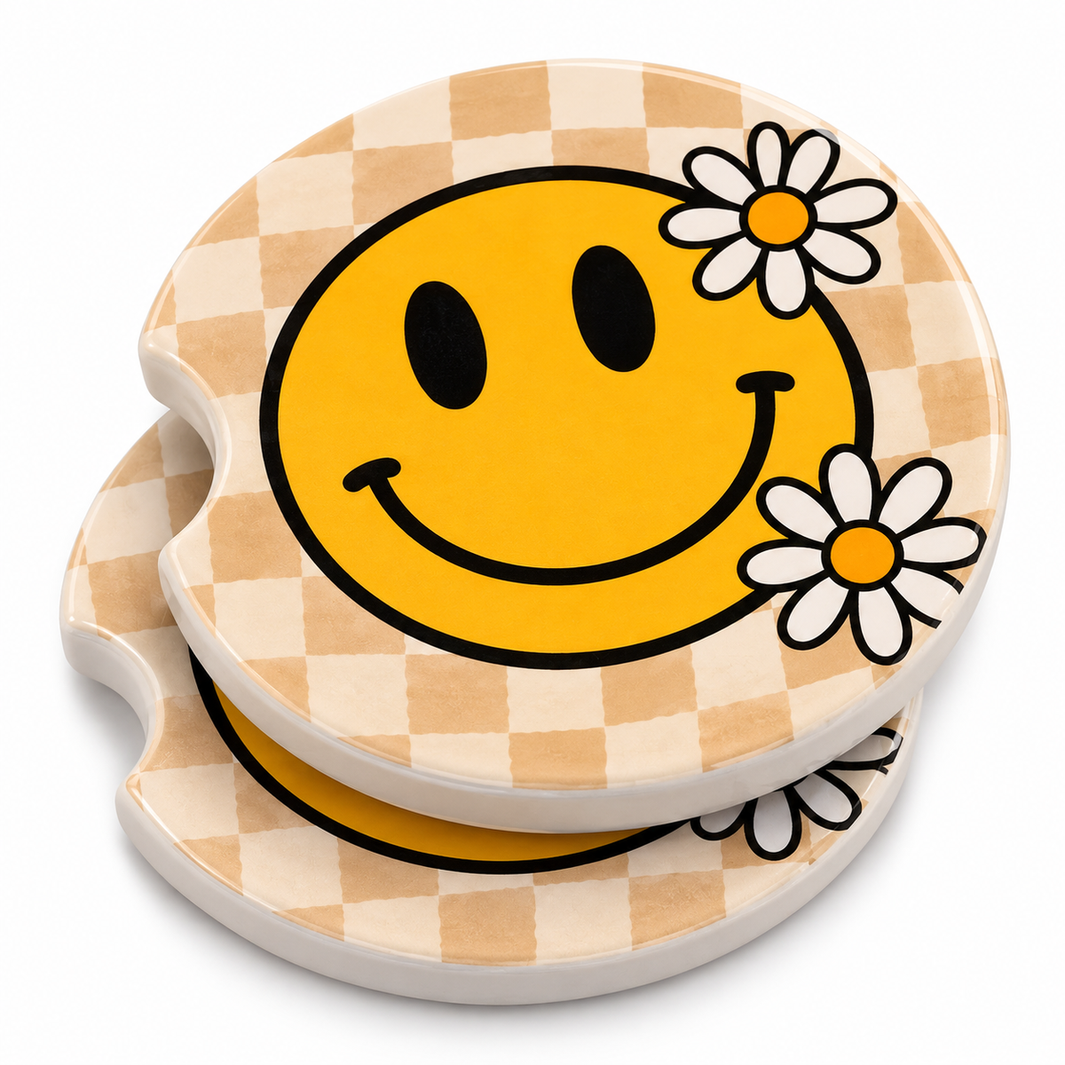 Two Smiley Face Daisy Car Coasters stacked showing the retro yellow smiley face and daisy design on tan checkered background with finger notch detail, on a white background.

