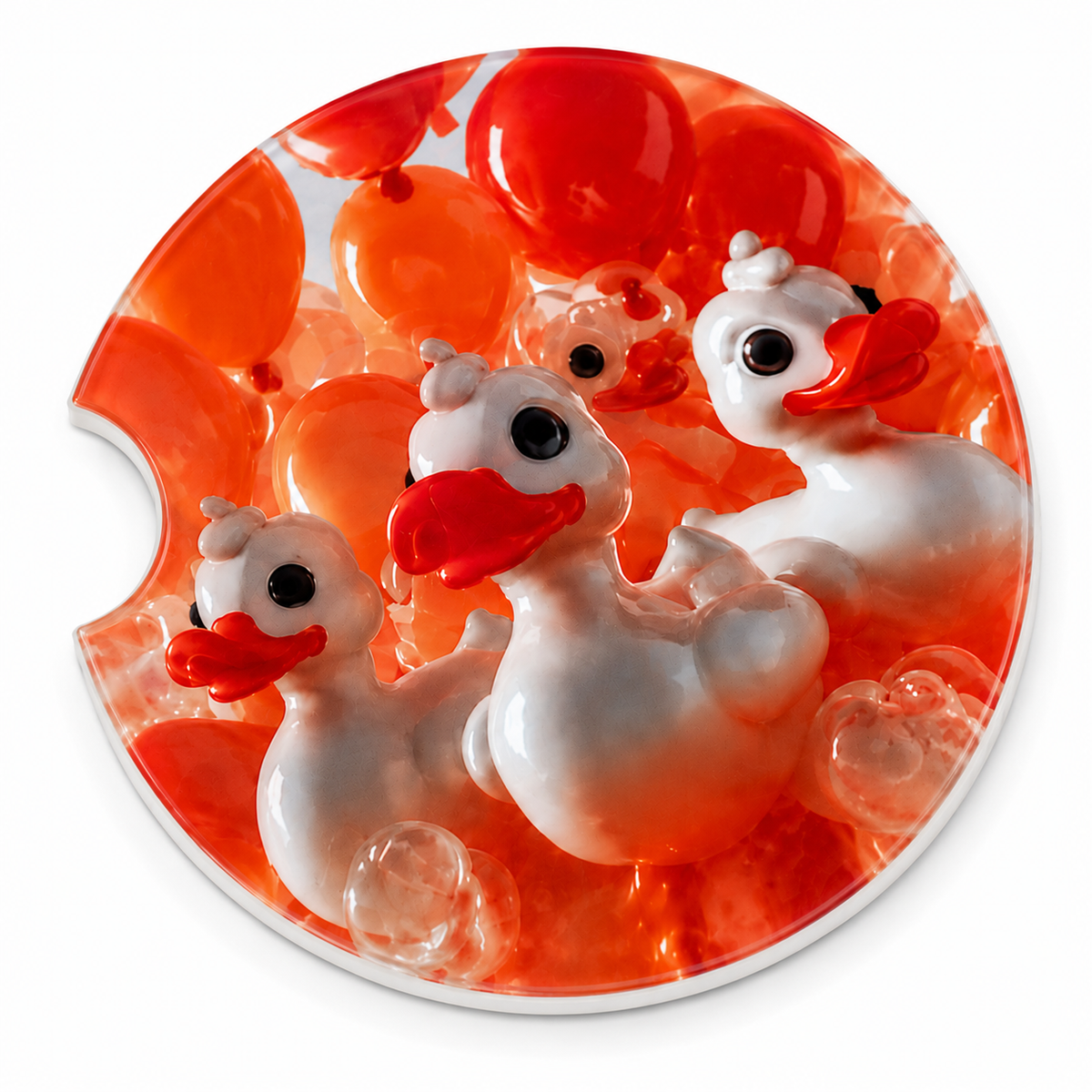 Close-up of Resin Duck Art car coaster with three 3D white rubber ducks with red beaks and red resin bubbles embedded in glossy orange resin on white background

