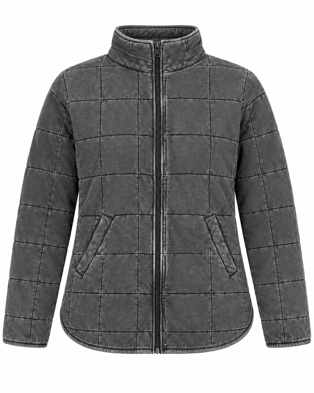 Charcoal Garment Washed Quilted Jacket front view showing charcoal washed quilted grid pattern, stand-up collar, full-length black zipper, two front slit pockets, curved hem, and long sleeves on white background
