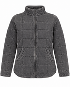 Charcoal Garment Washed Quilted Jacket front view showing charcoal washed quilted grid pattern, stand-up collar, full-length black zipper, two front slit pockets, curved hem, and long sleeves on white background
