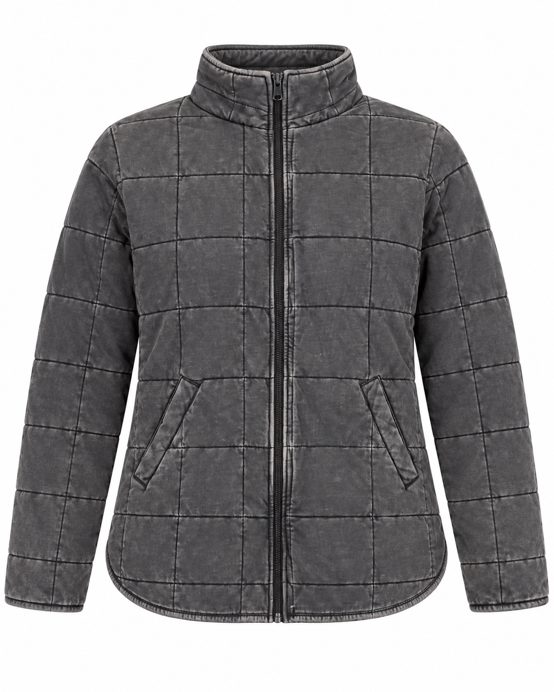Charcoal Garment Washed Quilted Jacket front view showing charcoal washed quilted grid pattern, stand-up collar, full-length black zipper, two front slit pockets, curved hem, and long sleeves on white background
