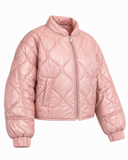 Angled front view of the blush pink quilted jacket showing its stand-up collar, front zipper, side pocket, and short hem
