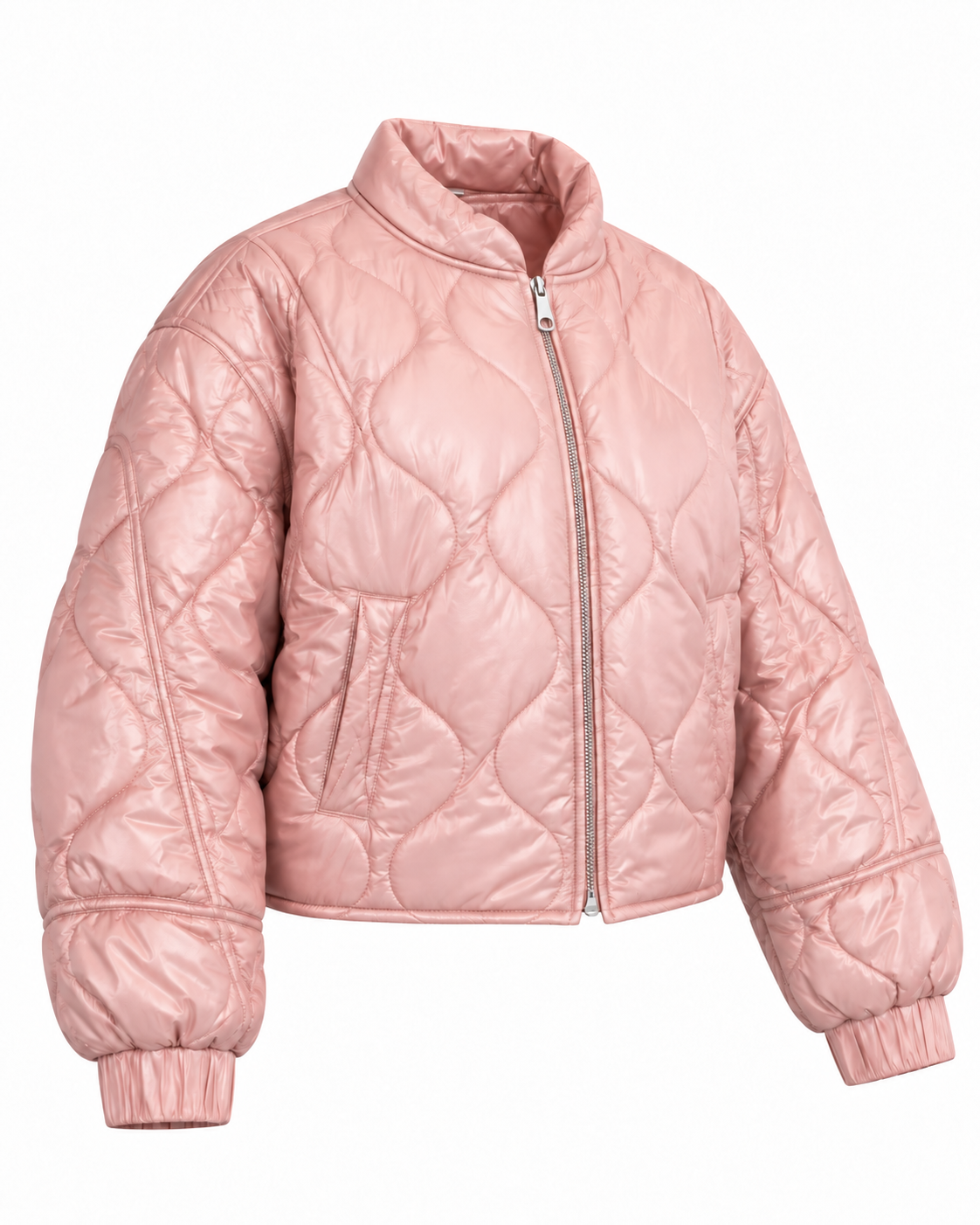 Angled front view of the blush pink quilted jacket showing its stand-up collar, front zipper, side pocket, and short hem
