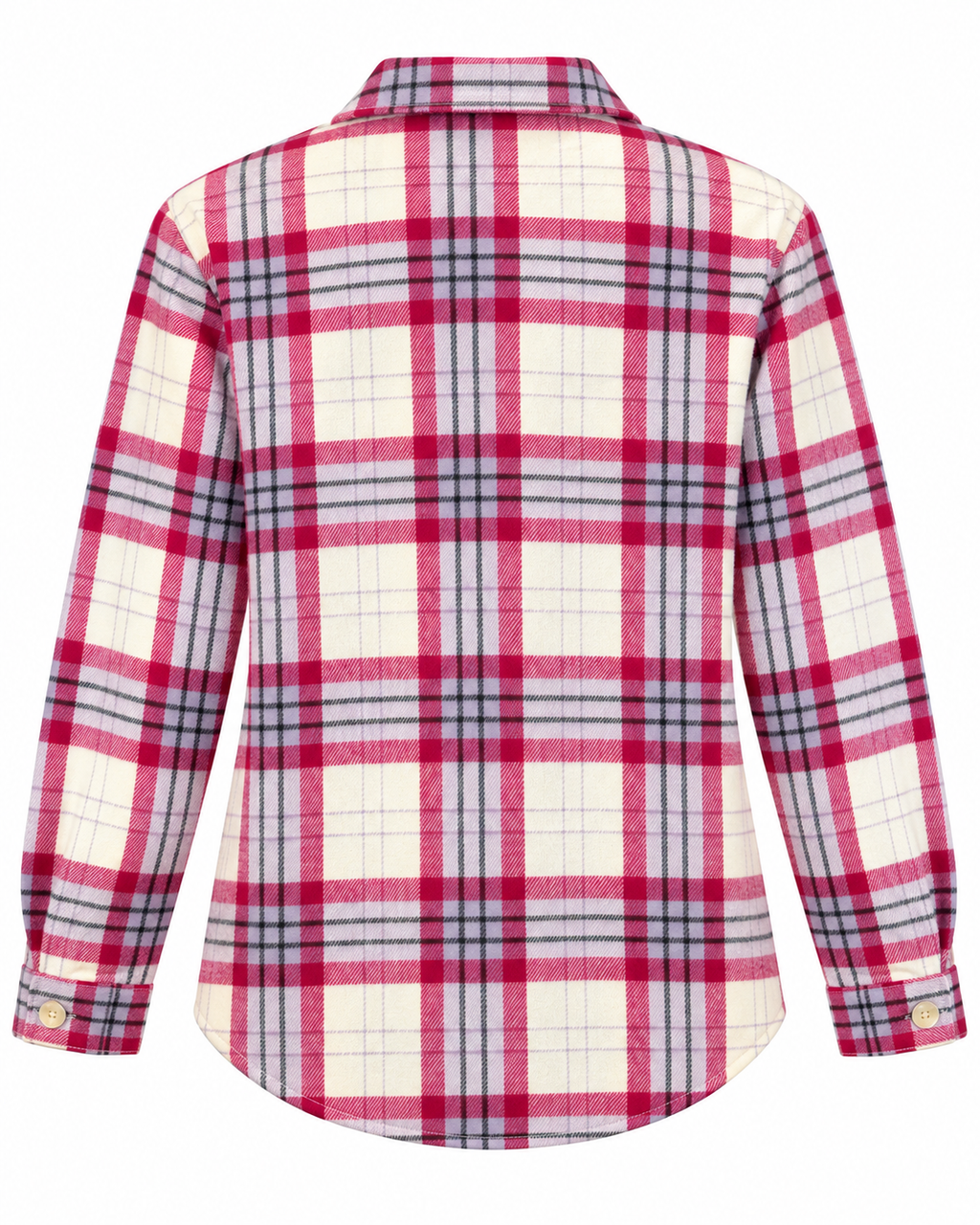 Back view of the raspberry cream plaid shacket showing its long sleeves, button cuffs, and curved shirttail hem
