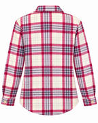Back view of the raspberry cream plaid shacket showing its long sleeves, button cuffs, and curved shirttail hem
