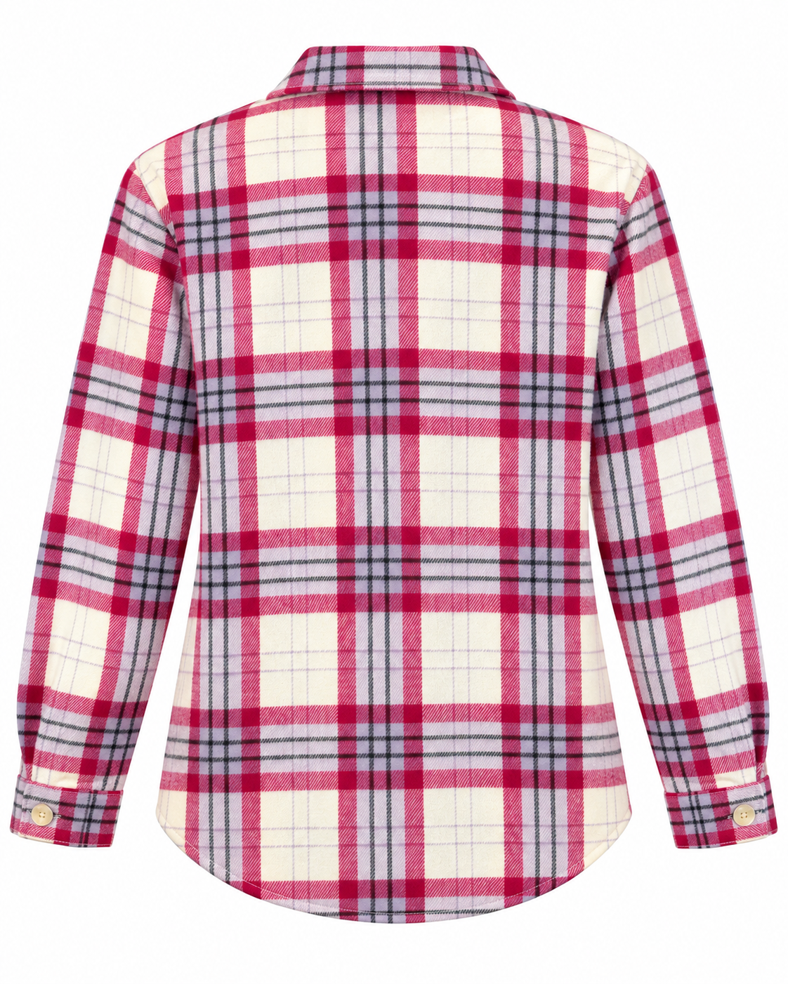 Back view of the raspberry cream plaid shacket showing its long sleeves, button cuffs, and curved shirttail hem
