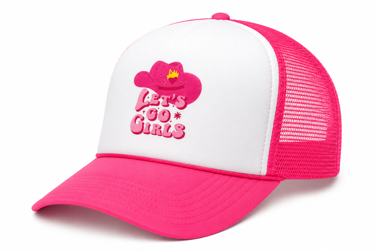 Side view of hot pink and white Let's Go Girls trucker hat with retro cowgirl graphic and hot pink mesh back
