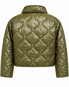 Back view of the olive cropped quilted jacket showing its large rounded quilt pattern, stand collar, and long sleeves
